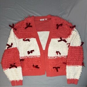 Mighty Fine Vintage Red and White Women's Eyelet Cardigan with Velvet Bows